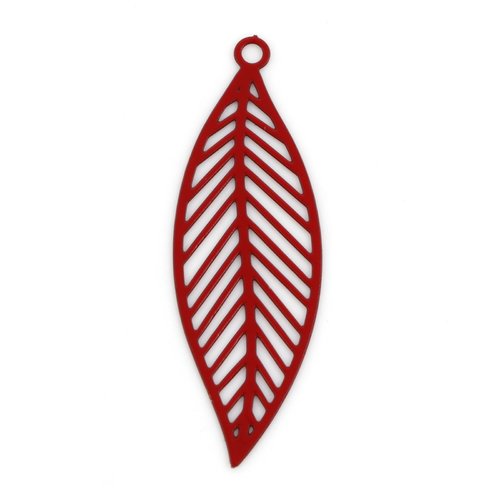 Pendentif estampe rouge feuille laqué 33 x 11mm