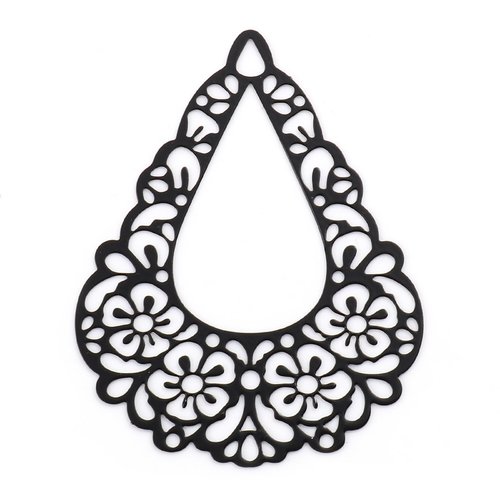 Pendentif estampe fleur goutte d'eau noir 50 x 38mm