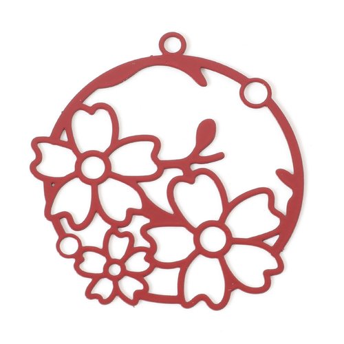 Pendentif estampe rond rouge fleurs laqué 32 x 30mm