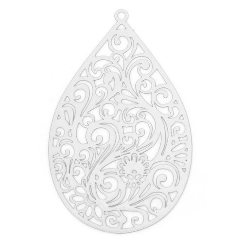 Pendentif estampe goutte d'eau fleur argent mat 55 x 34mm