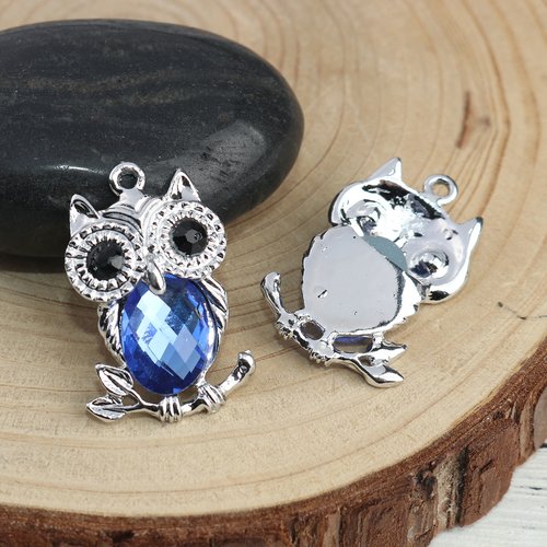 Pendentif argent mat bleu hibou à strass noir 30 x 20mm