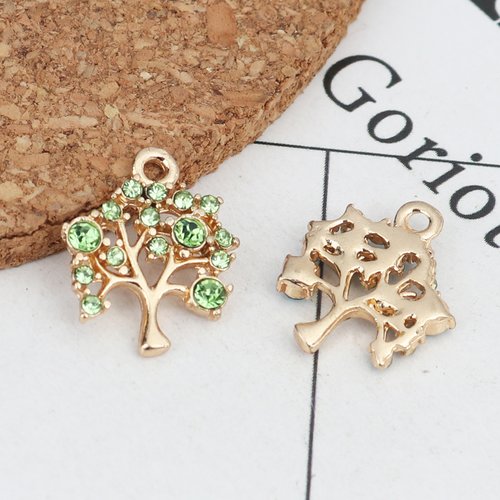 Breloque arbre doré et strass vert 16 x 14 mm