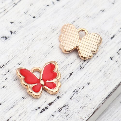 Breloque papillon doré rouge 13mm