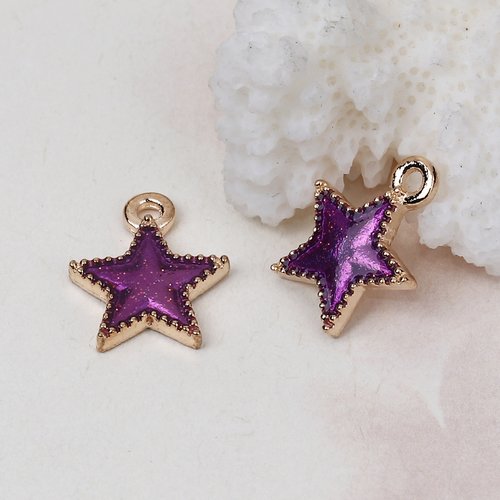 Breloque étoile émail paillettes doré violet 15 x 12mm