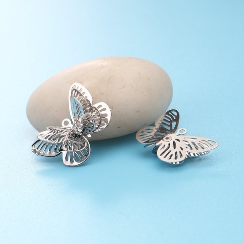 Breloque estampe papillon argent mat strass 23mm