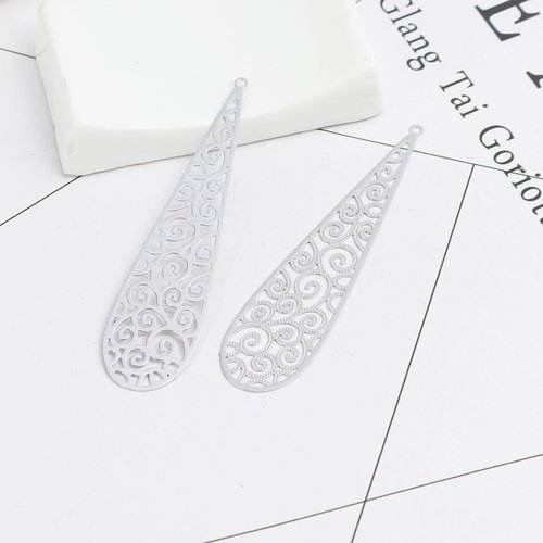 Pendentif goutte d'eau argent mat estampe 65 x 16mm
