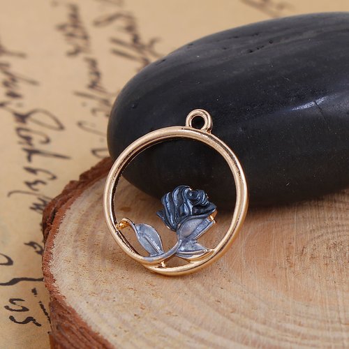 Breloque fleurs rond doré noir 23mm x 20mm