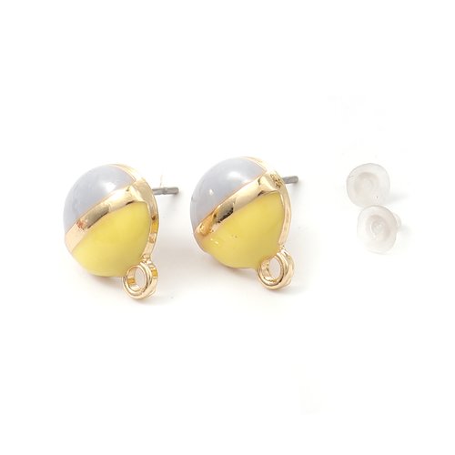 Boucles d'oreilles puces rond jaune & gris doré émail 13 x 10mm - x2 | 10691