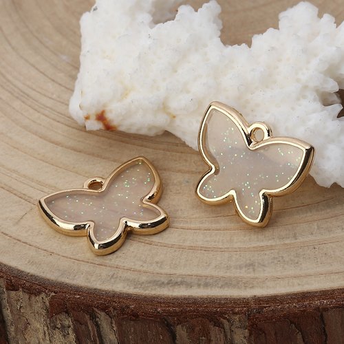 Breloque papillon émail paillettes doré blanc 17 x 14mm