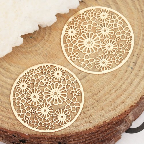 Connecteur estampe rond doré fleurs 23mm