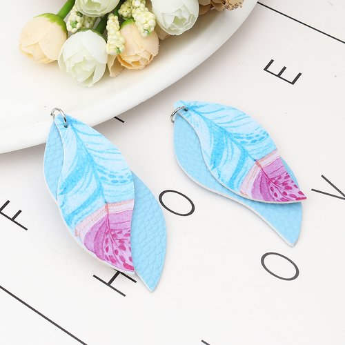 Pendentif feuille plume bleue 77mm