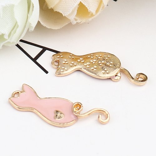 Breloque chat coeur doré rose 23mm