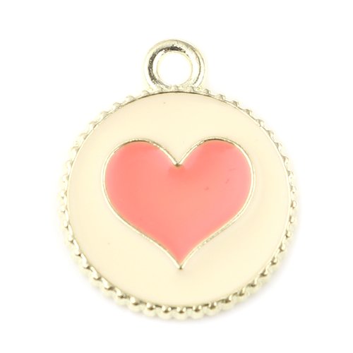 Breloque cœur rond doré rose 19mm