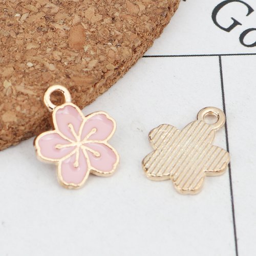 Breloque fleur sakura doré rose émail 15 x 12mm