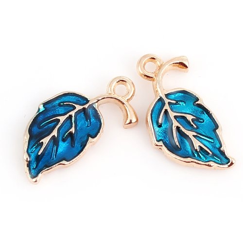 Breloque feuille émail doré bleu 20 x 10mm