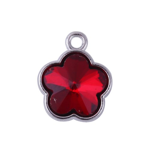 Breloque fleur à facettes argent mat à strass rouge 15 x 12mm
