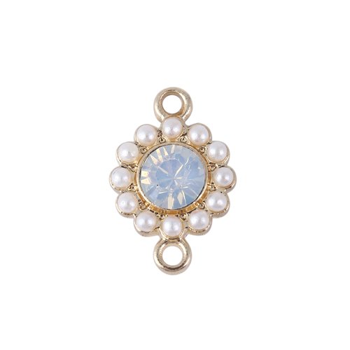Connecteur rond blanc doré imitation perles à strass bleu clair 17 x 11mm | 11725