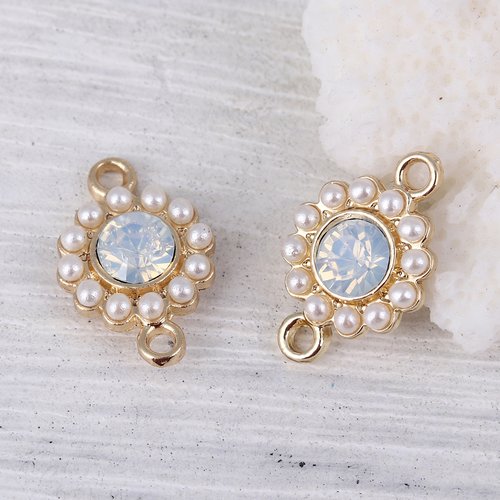 Connecteur rond blanc doré imitation perles à strass bleu clair 17 x 11mm