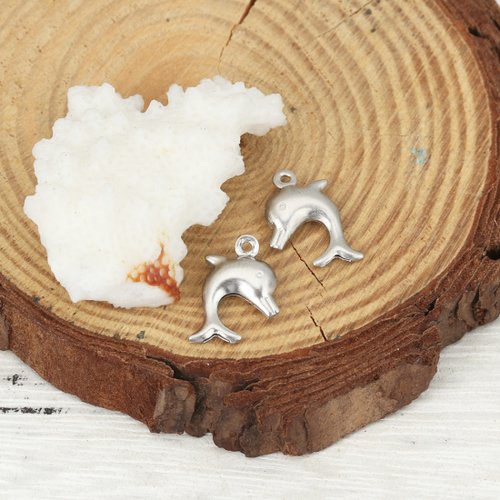 Breloque en acier inoxydable dauphin creuse argent mat 14 x 10mm - x2