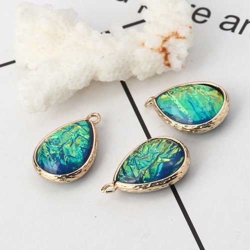 Breloque irisation aurores boréales goutte d'eau or clair bleu 23 x 15mm
