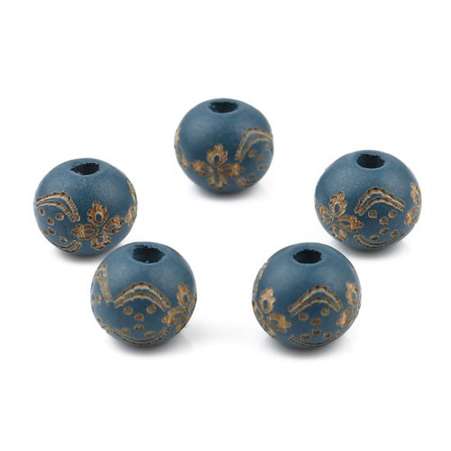 Perle en bois fleurs bleu gris 10mm