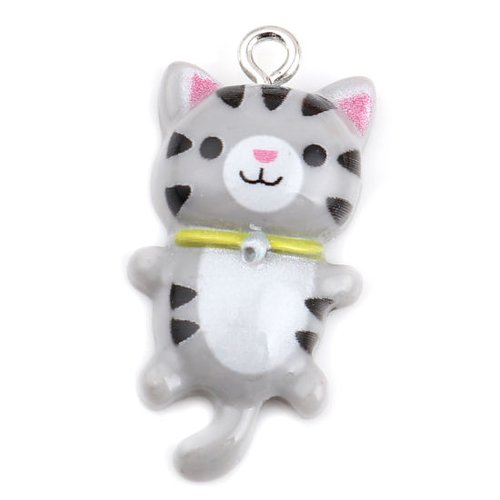 Breloque chat résine argent mat gris 29mm