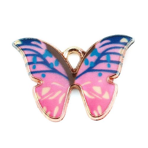 Breloque papillon doré bleu rose 22mm