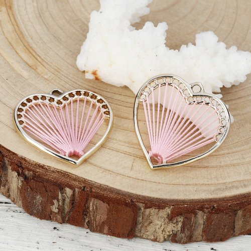 Breloque fil coeur doré rose 26 x 26mm