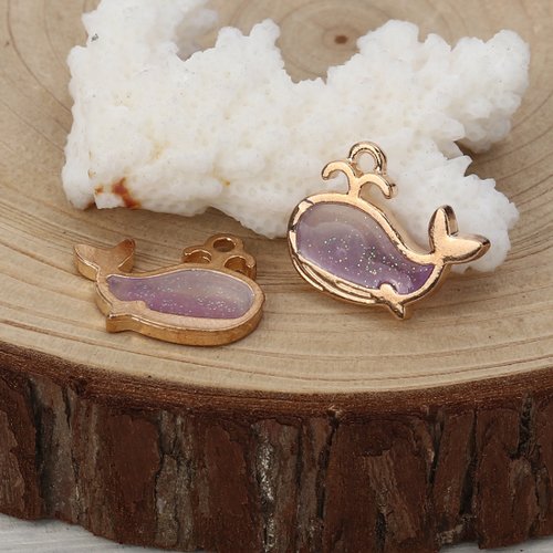 Breloque baleine email paillettes doré violet 20 x 15mm