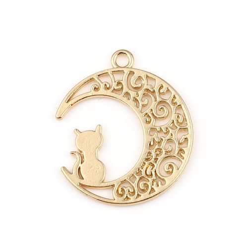 Pendentif croissant lune doré chat 30mm