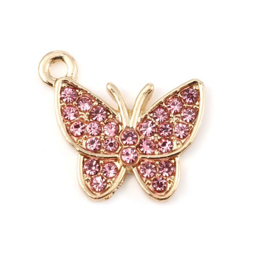 Breloque papillon doré strass rose 17mm