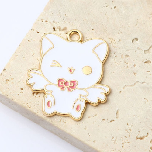 Breloque chat ailes blanc rose 26mm