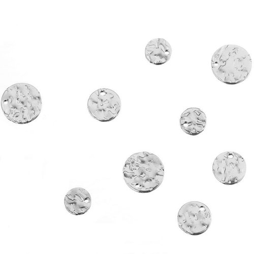 Breloque acier inoxydable martelage rond argent mat 13mm