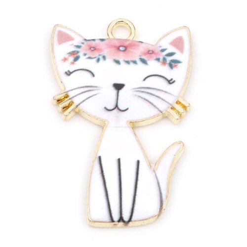 Pendentif chat fleur doré blanc 30 mm
