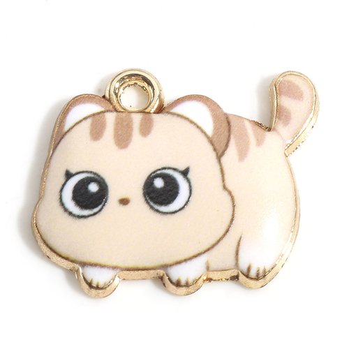 Breloque doré beige chat émail 22 x 18mm