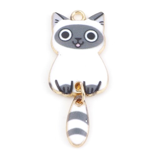 Pendentif chat doré blanc gris émail 39 x 16mm