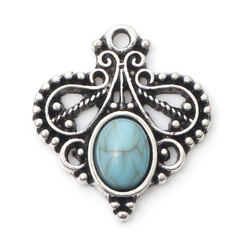 Breloque bohème cœur argent vieilli turquoise imitation 22 x 20mm