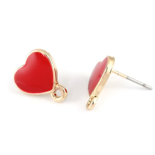 Boucles d'oreilles puces cœur rouge doré email 12 x 11mm - x2