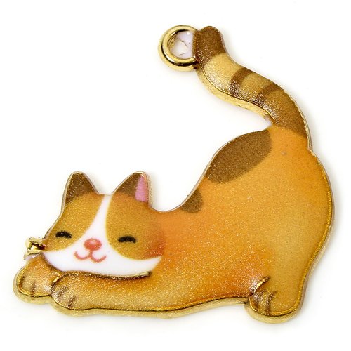 Breloque doré orange chat émail 26 x 25mm