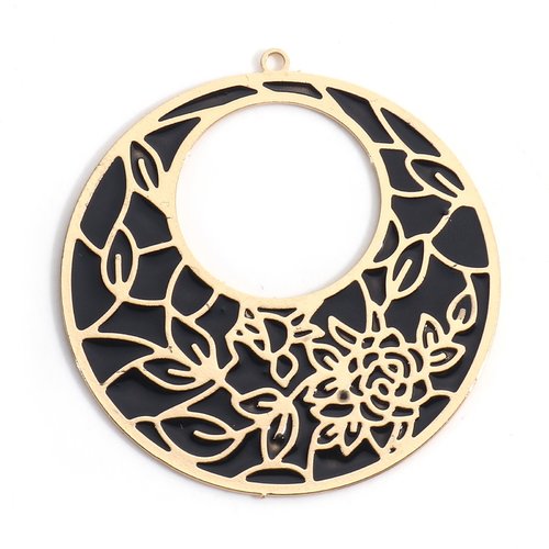 Pendentif doré noir rond fleurs 42 x 40mm