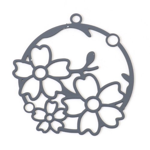 Pendentif estampe rond gris foncé fleurs laqué 32 x 30mm
