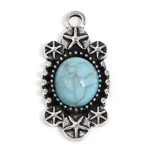Pendentif style bohème argent vieilli bleu-vert avec turquoise 31 x 16mm