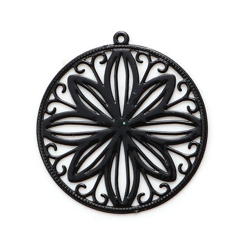 Breloque estampe rond noir fleur laqué 22 x 20mm