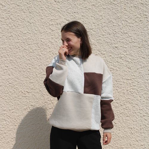 Sweat patchwork marron, écru, beige