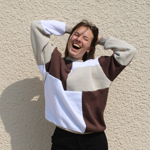 Sweat patchwork marron, beige, blanc