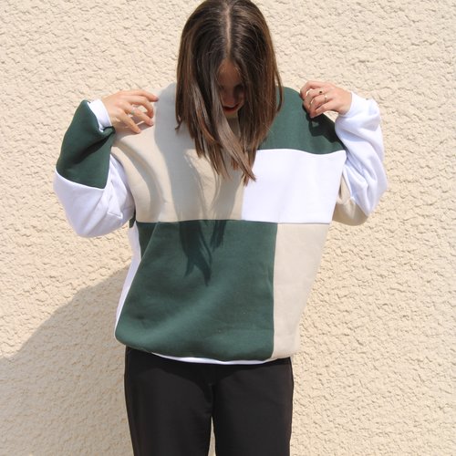 Sweat patchwork vert, blanc, beige