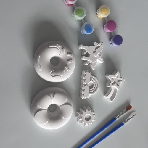 Kit peinture complet : duo donuts gourmands & monde féérique - céramique d'art (6 pièces)