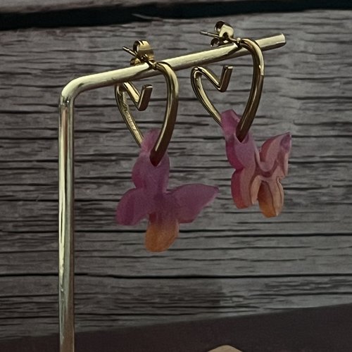 Boucles d'oreilles créoles cœur & pampilles papillons nacrés - rose et orange