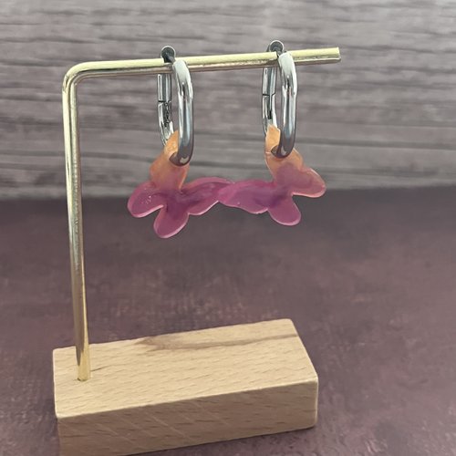 Boucles d'oreilles créoles ovales argentées & papillons vitaminés - rose et orange nacré