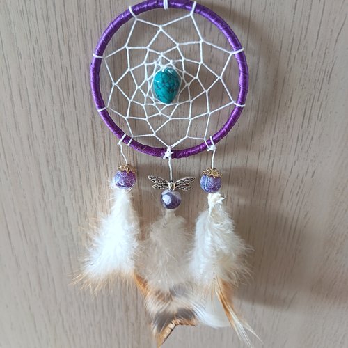 Mini attrape-rêves « éclat de libellule » – turquoise, violet et plumes